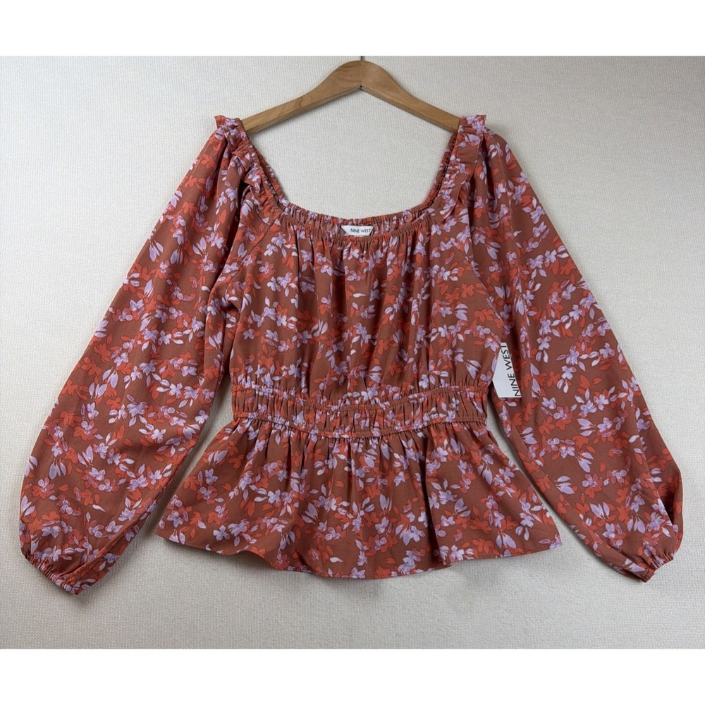 NWT Nine West Women's Peplum Floral Blouse Size L Elastic Cuffs Smocked Waist